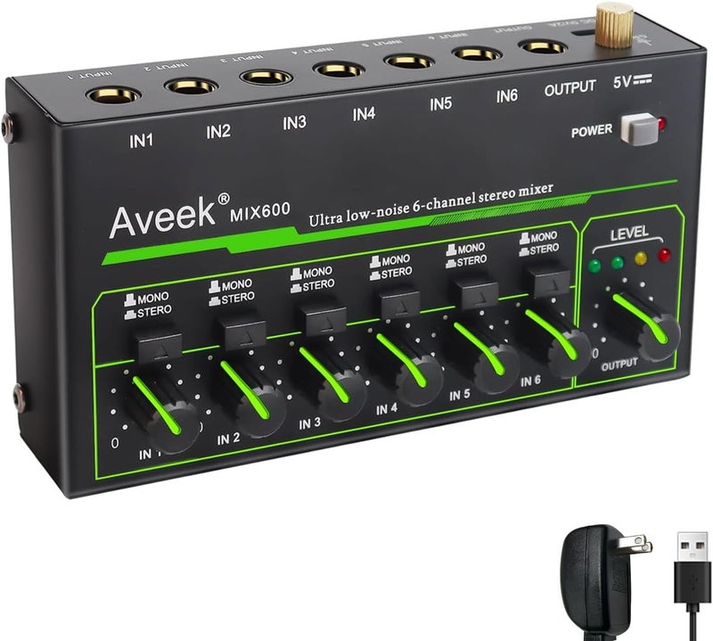 Aveek 6 Channel Mixer - Mini 6 Stereo Audio Mixer, Low-Noise for Precision Sub-Mixing,1/4" TRS Input/Output Ideal for Mics/Guitars/Bass/Stage - 3 x 5.8 x 1.3 inches - Image 1
